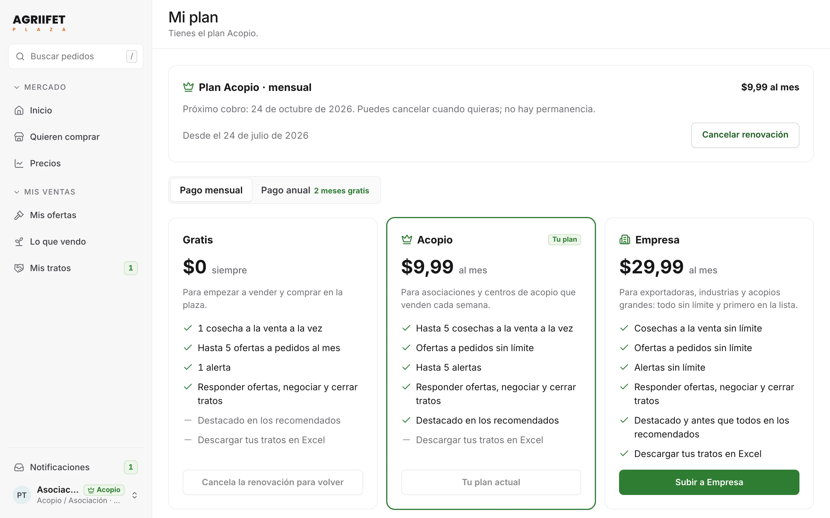 Pantalla Mi plan de Agriifet Plaza con los planes Gratis, Acopio y Empresa, pago mensual o anual