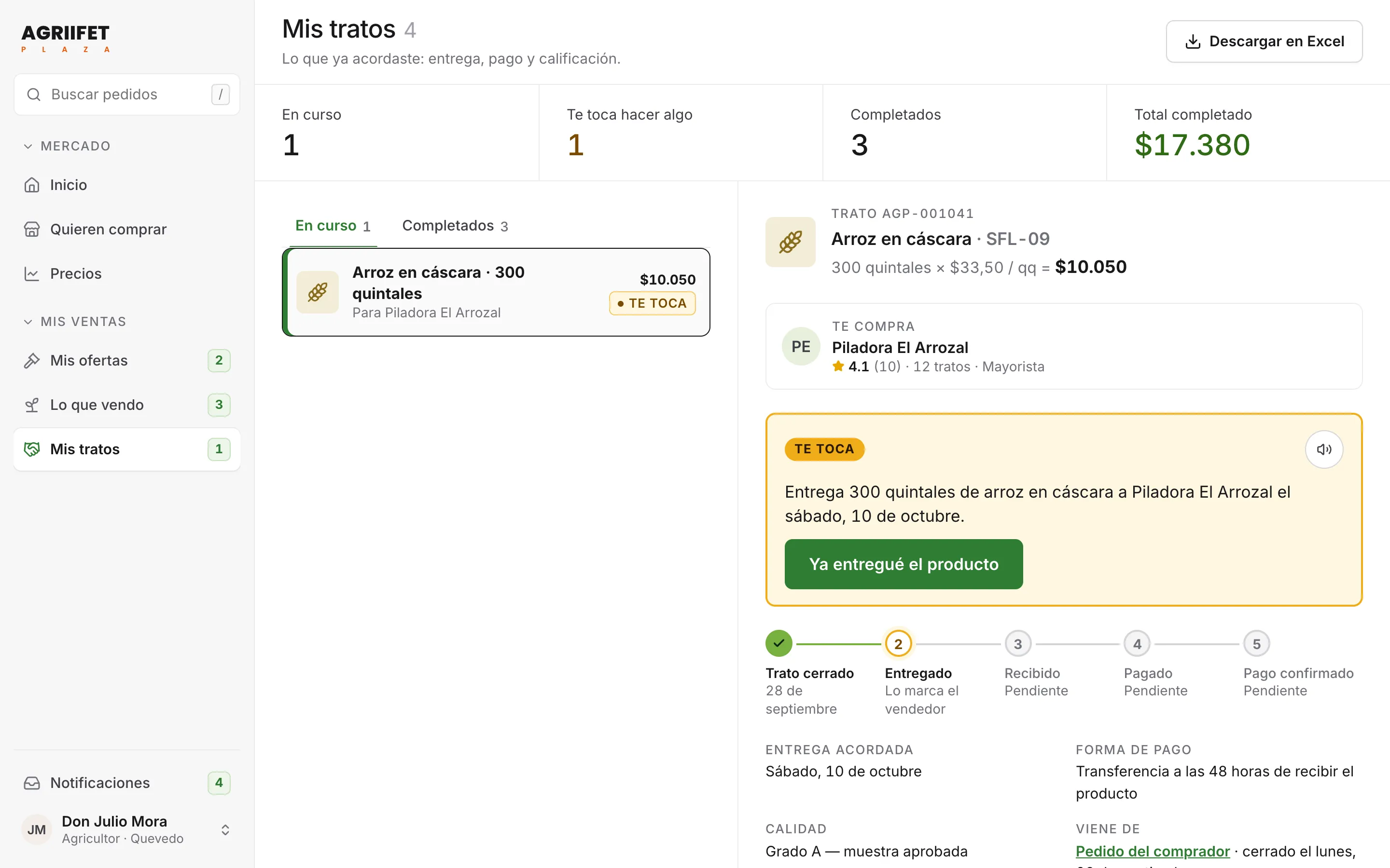 Detalle de un trato en Agriifet Plaza con el seguimiento de entrega y pago